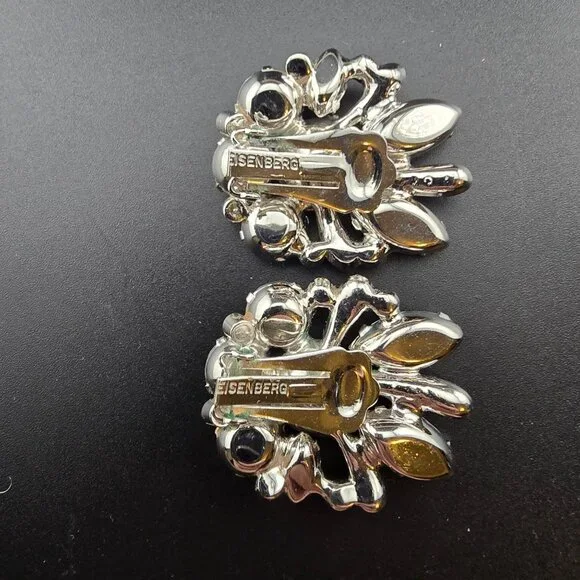 Eisenberg Vintage Rhinestone Clip-On Earrings  Floral Silver-Tone Statement READ - Picture 9 of 11